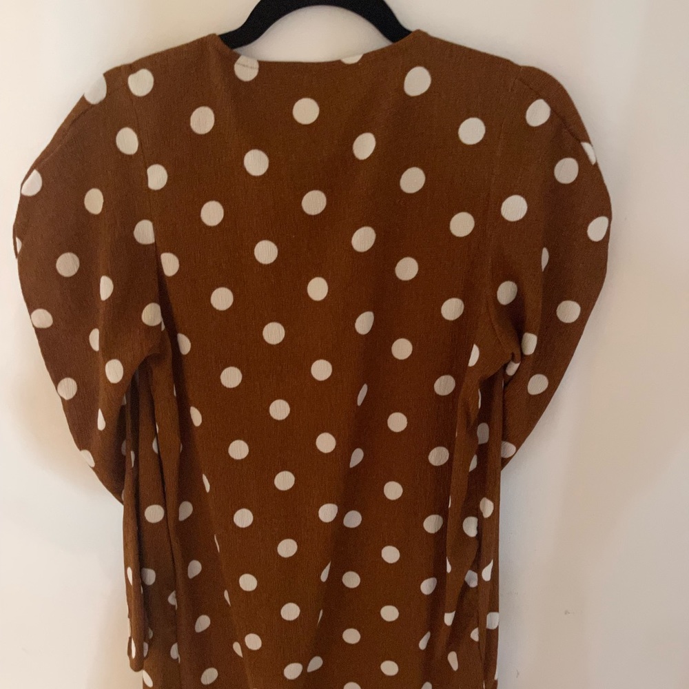 Zara Size Small Brown and Off White Polka Dot Midi Dress With Ruffle